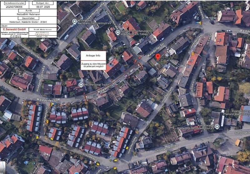 Luftbild der Walddorfer Strasse und umliegenden Strassen mit der Info Zugang zu den Häusern ist jederzeit möglich 