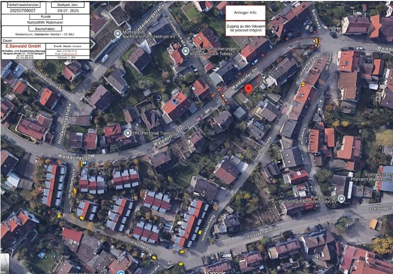 Luftbild der Walddorfer Strasse und umliegenden Strassen mit der Info Zugang zu den Häusern ist jederzeit möglich 