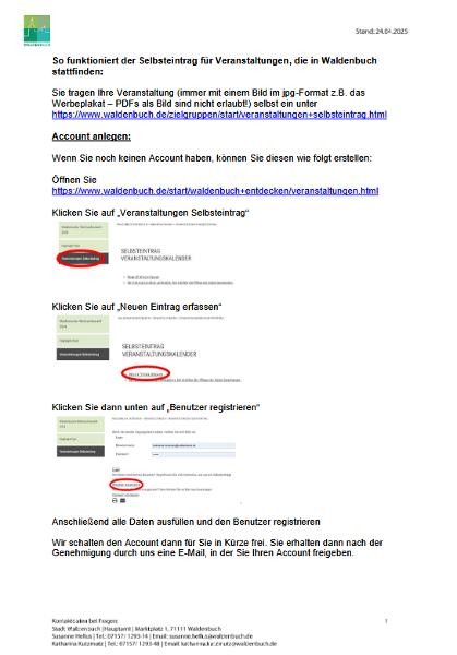 PDF herunterladen: Anleitung Selbsteintrag von Veranstaltungen PDF: Anleitung zum Anlegen einer Veranstaltung in Waldenbuch