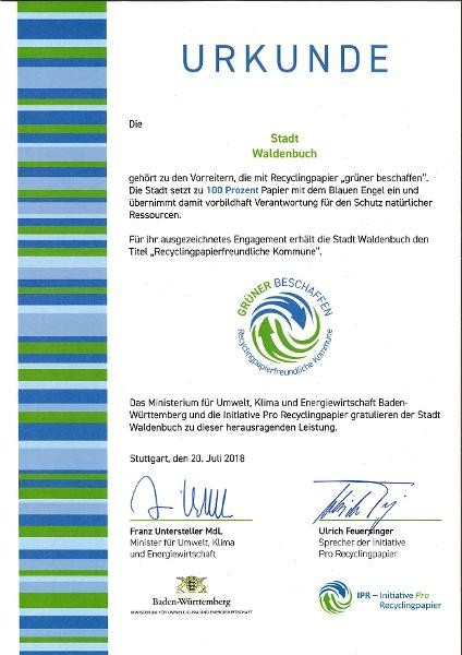 Urkunde zur recyclingpapierfreundliche Kommune von 2018