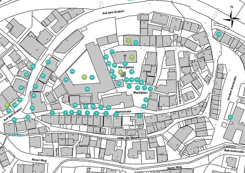 Standplan Weihnachtsmarkt 2025 Ausschnitt einer Straßenkarte der Altstadt mit eingezeichneten Standnummern und veranstaltungsflächen