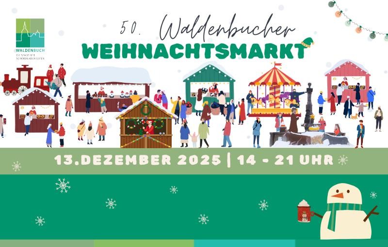 gemalte Weihnachtsmarktbesucher an verschiedenen Ständen und der Text 50. Waldenbucher Weihnachtsmarkt