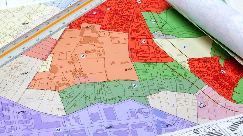 Kommunale Wärmeplanung Karte einer Stadt mit farblich unterschiedlich eingezeichneten Feldern
