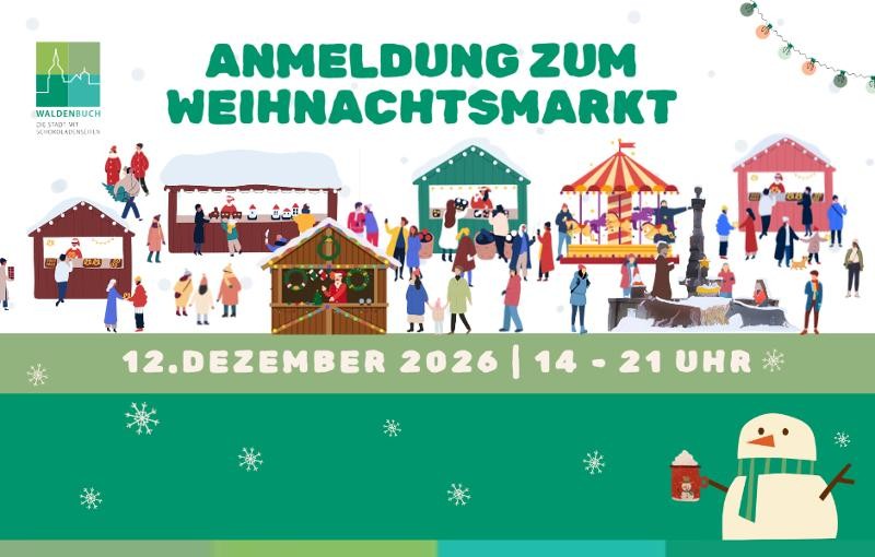 Anmeldung zum Weihnachtsmarkt 2026 Plakat mit Weihnachtsmarkthütten und dem Text Anmeldung zum Weihnachtsmarkt 2026