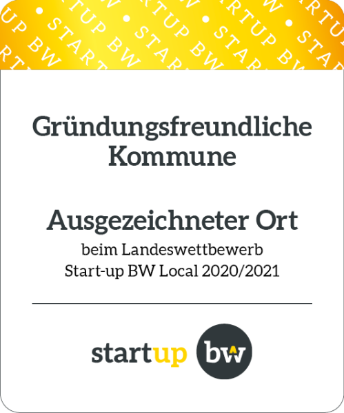 Auszeichnung zur gründungsfreunlichen Kommune Auszeichnung von Waldenbuch zur Gründungsfreundlichen Kommune beim Landeswettbewerb Start-up BW Local 2020/2021