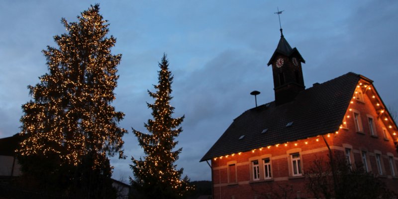 Schulhaus Glashütte mit beleuchtetem Weihnachtsbaum Abendaufnahme Schulhaus mit Lichterketten an Dach und Bäumen zur Weihnachtszeit.