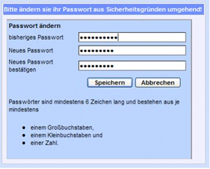 Grafik der Anmeldemaske mit der Passwortänderung Grafik der Anmeldemaske mit bisherigem Passwort und neuem Passwort
