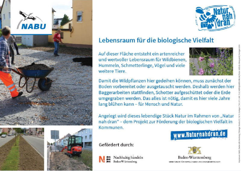 Bauarbeiten für mehr blühende Vielfalt: Mit dem vorläufigen Schild informieren NABU und die Stadt Waldenbuch über den Beginn der Umgestaltung. Copyright: NABU Baden-Württemberg