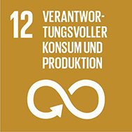 Symbol des UN-Nachhaltigkeitsziels 12 auf ockerfarbenem Hintergrund mit Unendlichkeitszeichen und dem Text: „Verantwortungsvoller Konsum und Produktion“.